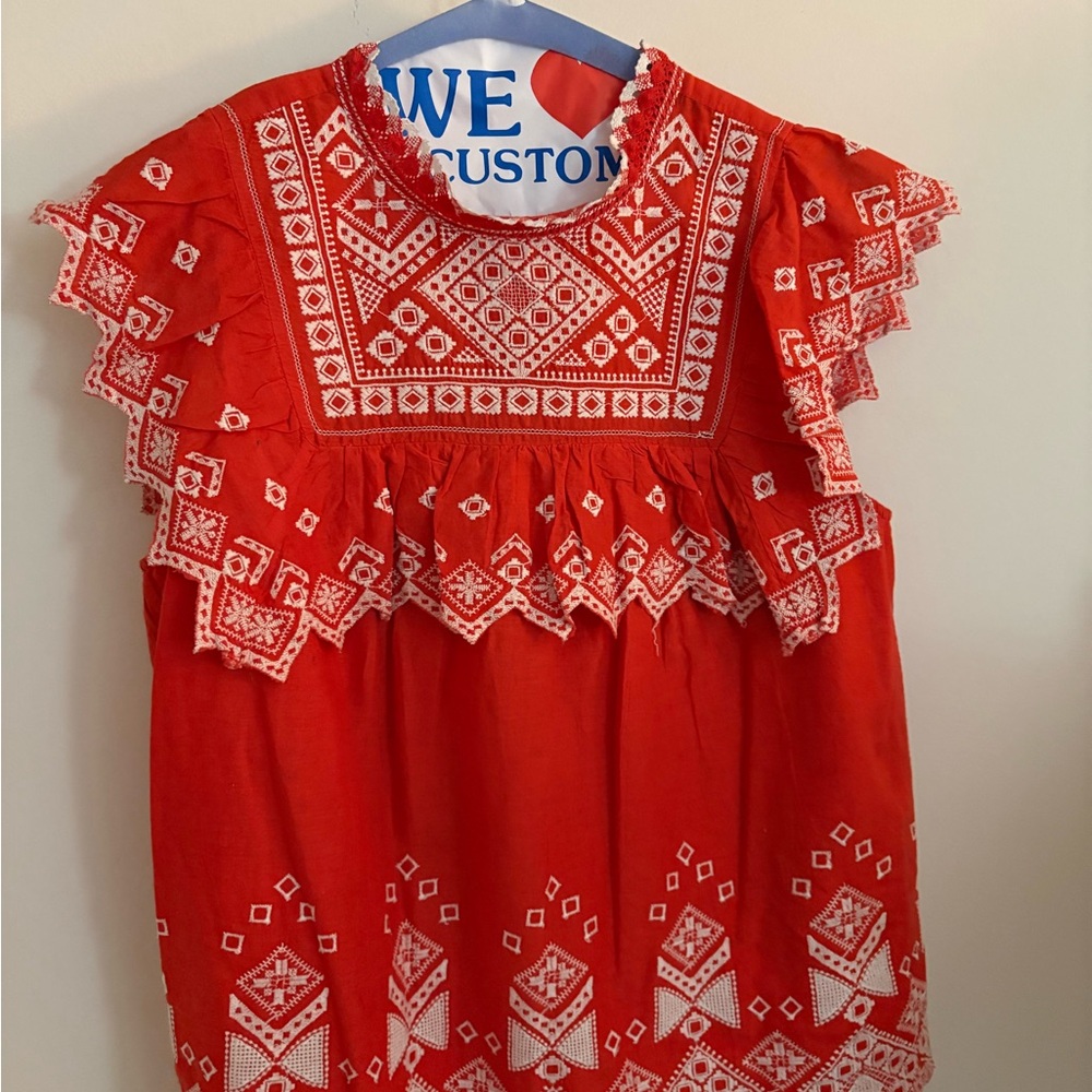 Anthropologie Red and White Embroidered Top